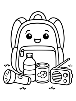 Free printable Cute Earthquake Emergency Kit Backpack coloring page