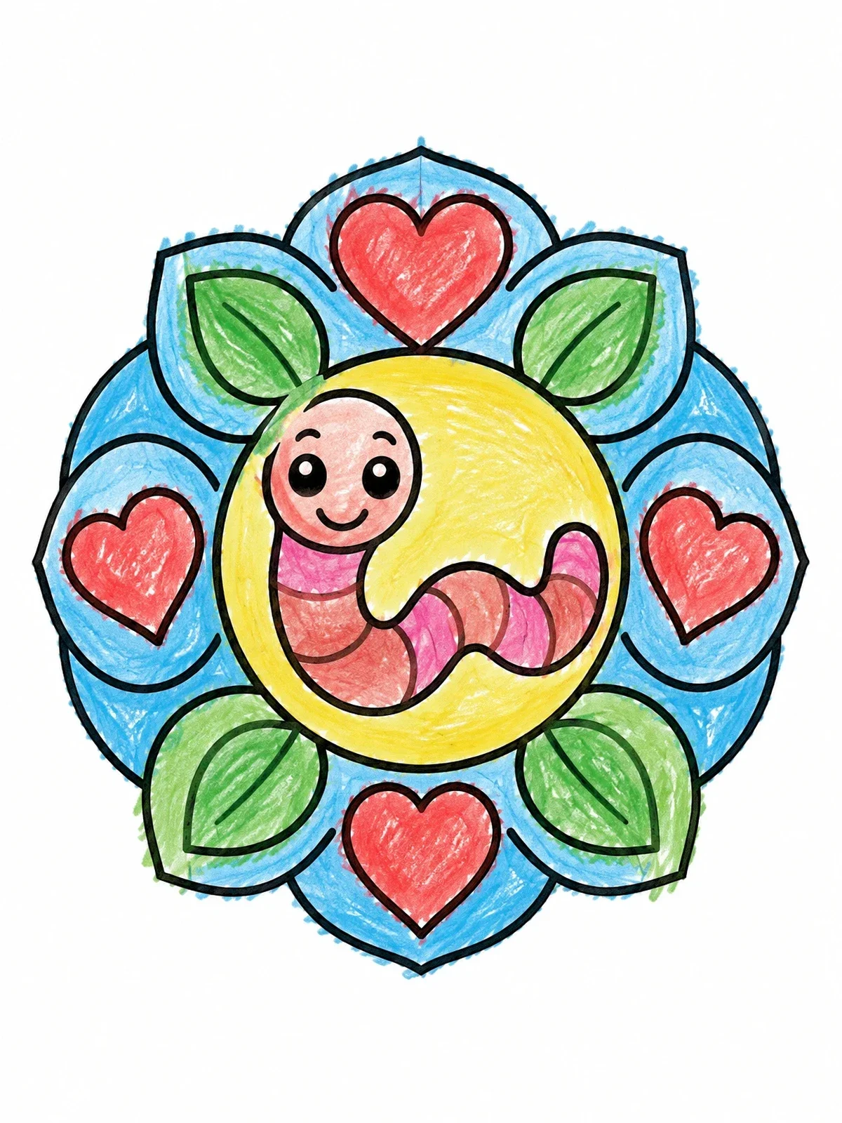 Colored example of the Cute Earthworm Flower Mandala coloring page