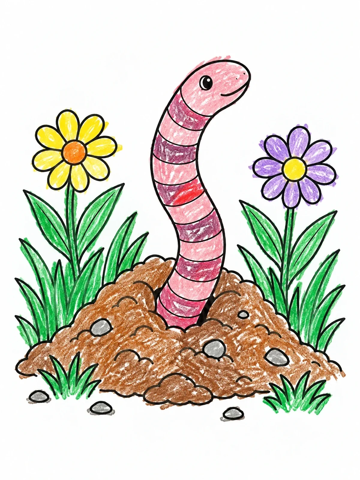 Colored example of the Cute Earthworm Peeking From Soil coloring page
