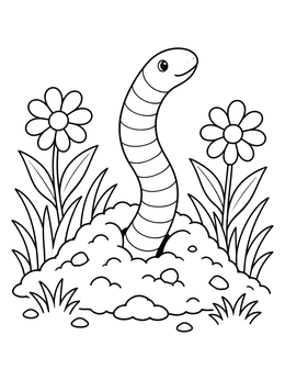 A friendly worm coloring page showing an earthworm emerging from a garden mound between flowers.