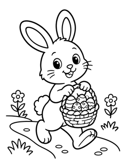 A cheerful bunny hops along a garden path in this easter bunny coloring page.