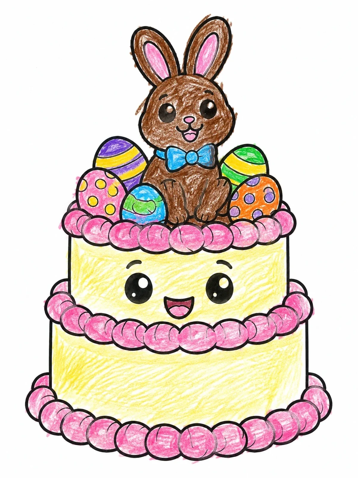Colored example of the Cute Easter Bunny Celebration Cake coloring page