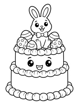 A cute food coloring page showing a tiered cake topped with a smiling bunny figurine and decorated eggs.