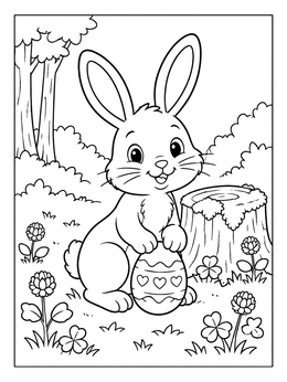 A cheerful easter bunny coloring page with an egg beside a mossy tree stump.