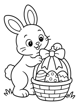 A cute easter bunny coloring page showing a rabbit decorating a basket full of patterned eggs.