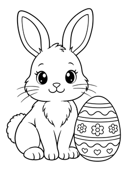 A cute bunny coloring page featuring a sitting rabbit next to an ornate Easter egg.