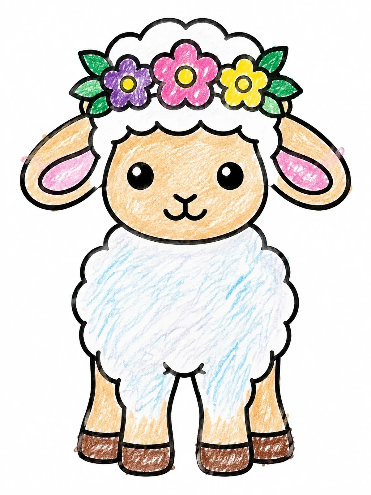 Colored example of the Cute Easter Lamb With Flower Crown coloring page