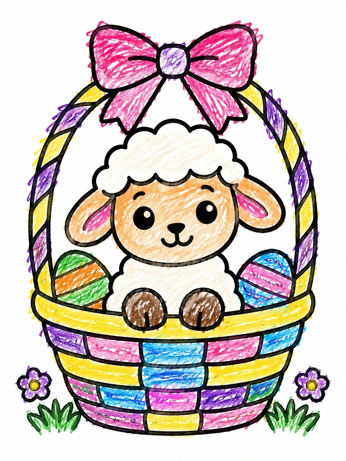 Colored example of the Cute Easter Lamb In Basket coloring page