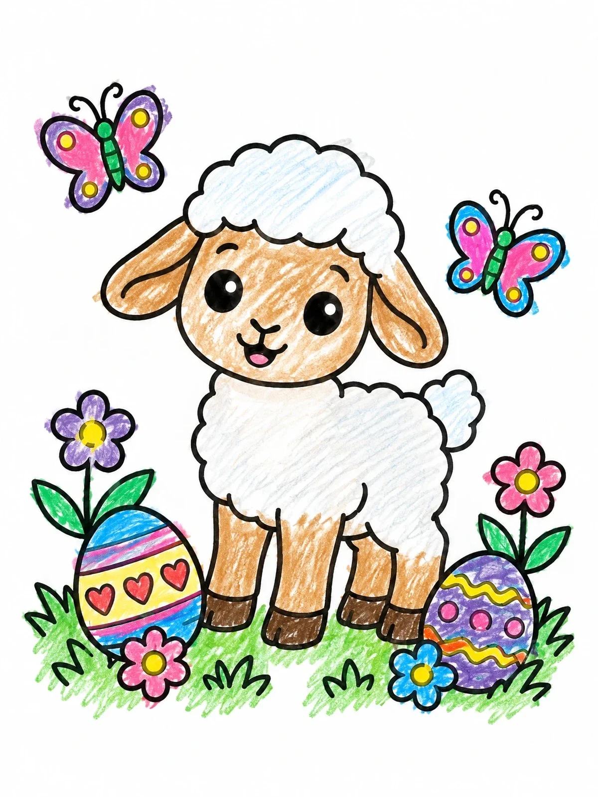 Colored example of the Cute Easter Lamb In Meadow coloring page