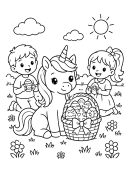 Free printable Cute Unicorn And Children With Easter Basket coloring page