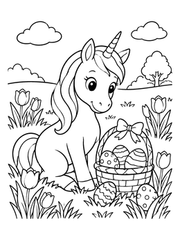 Free printable Cute Easter Unicorn With Egg Basket coloring page