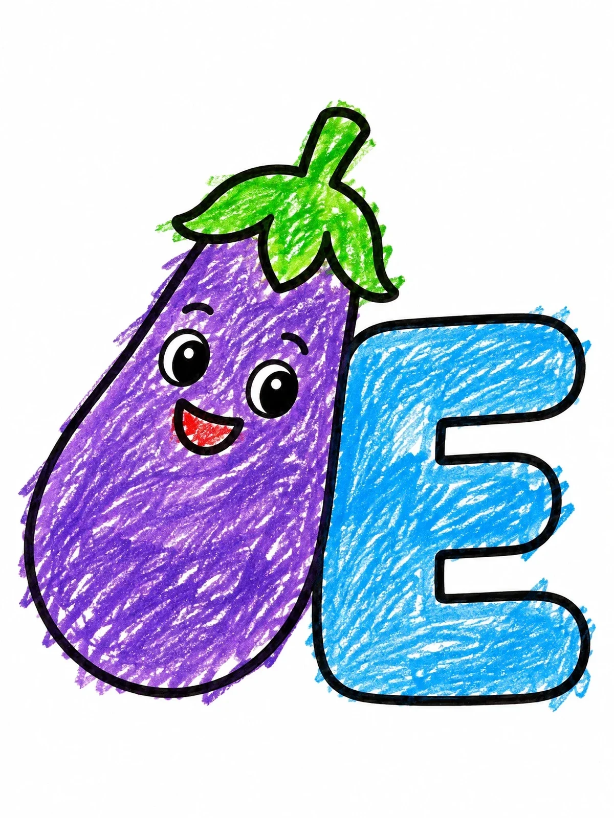 Colored example of the Cute Eggplant With Capital Letter E coloring page