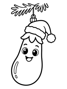 A cheerful eggplant coloring page showing a cartoon veggie with a Santa hat hanging like a tree ornament.