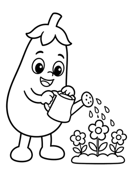 A happy eggplant coloring page showing the vegetable character watering garden flowers.