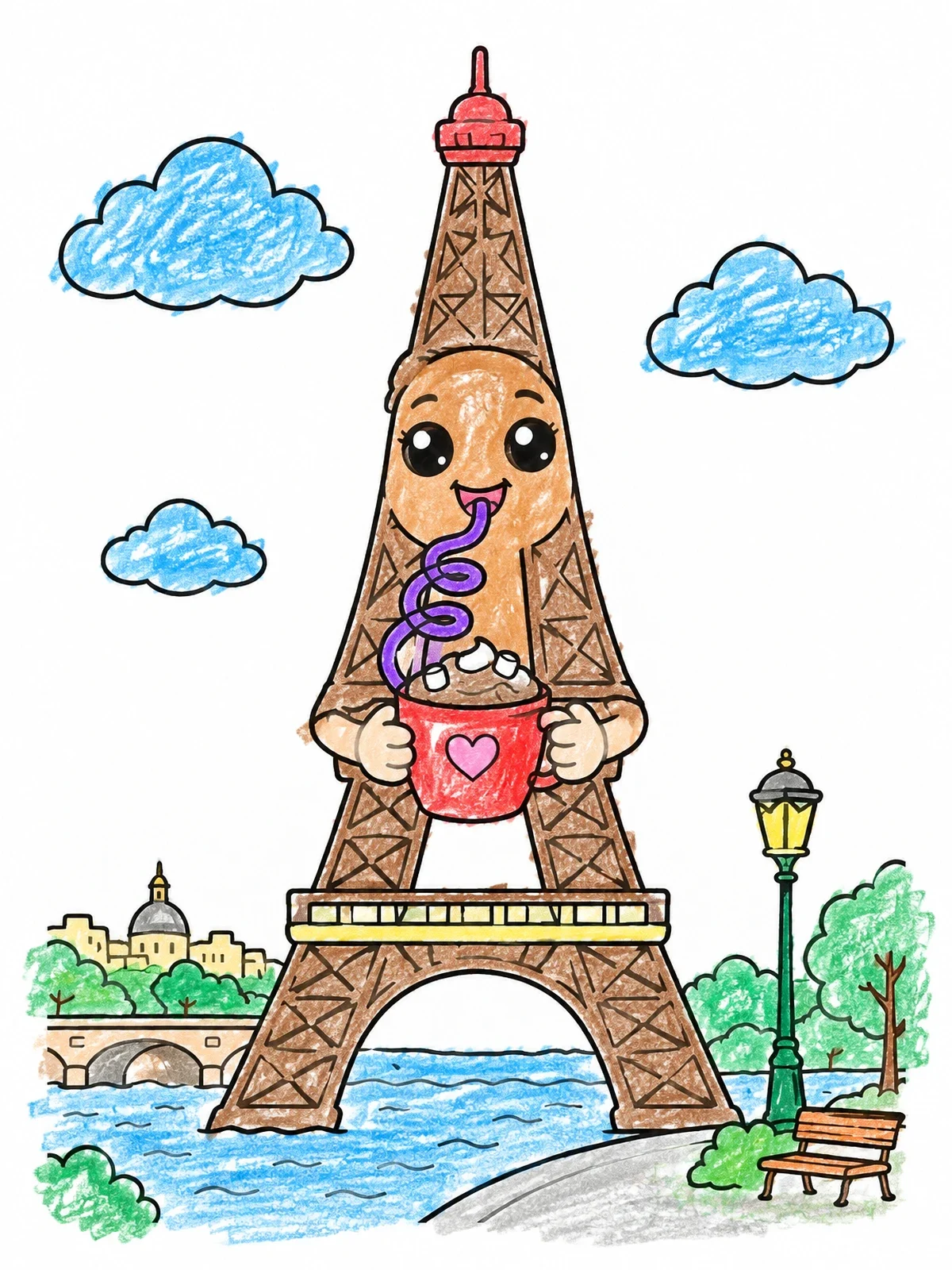 Colored example of the Cute Eiffel Tower Drinking Cocoa coloring page