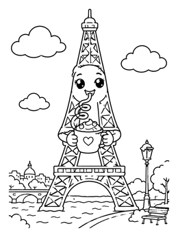 Free printable Cute Eiffel Tower Drinking Cocoa coloring page