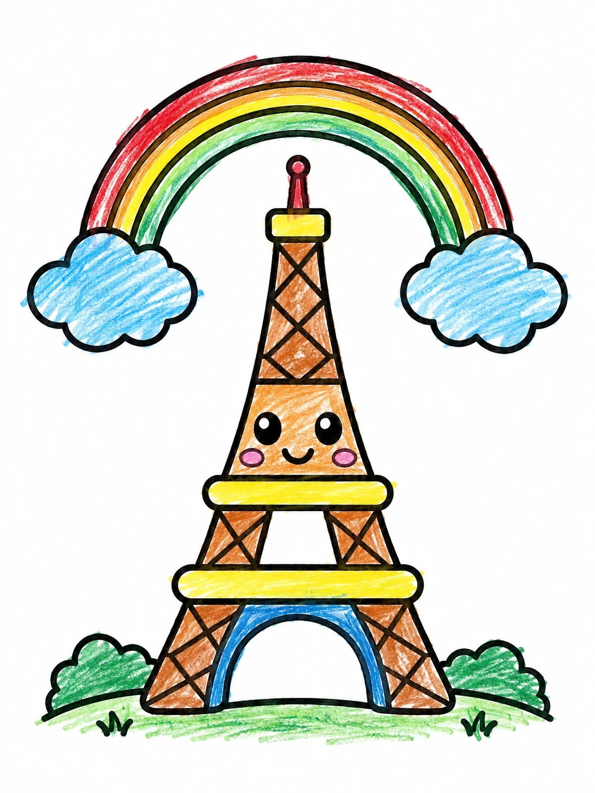 Colored example of the Cute Eiffel Tower With Rainbow coloring page