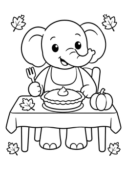 A cheerful baby elephant coloring page sitting at a table with pumpkin pie.