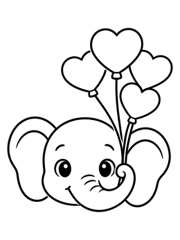 An adorable baby elephant coloring page holding heart-shaped balloons with its trunk.