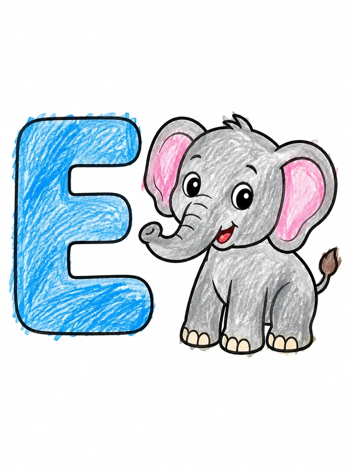 Colored example of the Cute Elephant And Letter E coloring page