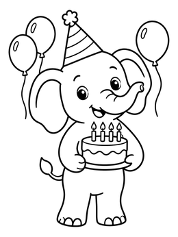 A happy elephant coloring page with a party hat, birthday cake, and balloons.