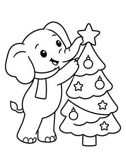 A cheerful christmas elephant coloring page showing a baby elephant placing a star on a tree.