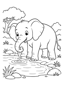 A cute elephant coloring page featuring a baby elephant sipping cool water at a pond.