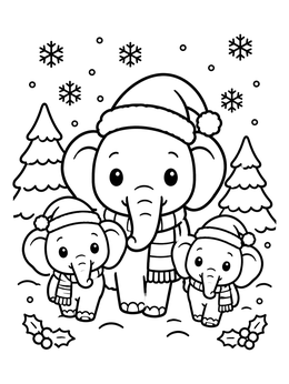 Free printable Cute Elephant Family In Winter coloring page