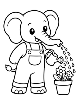 A sweet elephant coloring page showing a baby elephant in overalls watering flowers.