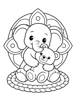 A sweet elephant coloring page showing a baby elephant hugging a teddy bear on a rug.
