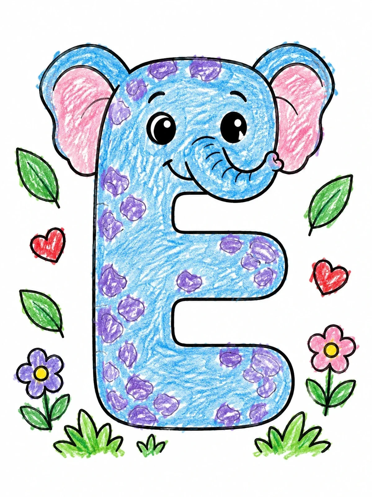 Colored example of the Cute Elephant Letter E coloring page