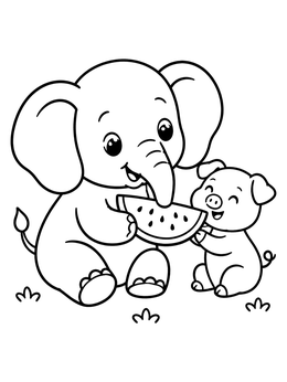 Free printable Cute Elephant Sharing Watermelon With Piglet coloring page