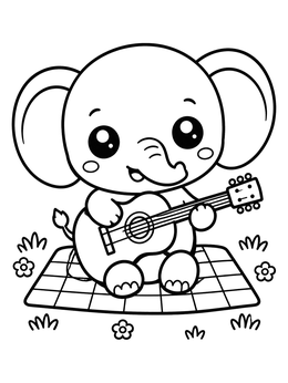 A cute elephant coloring page showing a baby elephant playing guitar on a picnic blanket.
