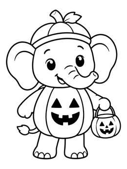 A cute cartoon elephant coloring page dressed in a Halloween pumpkin costume with a treat bucket.