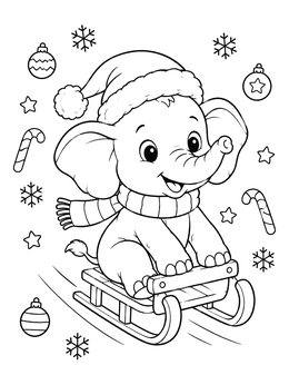 Free printable Cute Elephant Sledding In Winter coloring page