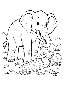 A friendly elephant coloring page showing the animal peeling bark from a fallen log.