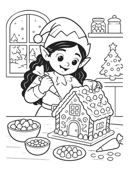 A happy elf coloring page showing a girl decorating a sweet gingerbread house with icing and candies.