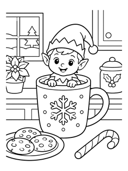 A cheerful elf coloring page featuring a tiny elf sitting in a snowflake mug with cookies and a candy cane.