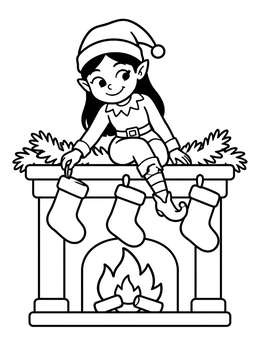 Free printable Cute Elf On Fireplace Mantel coloring page