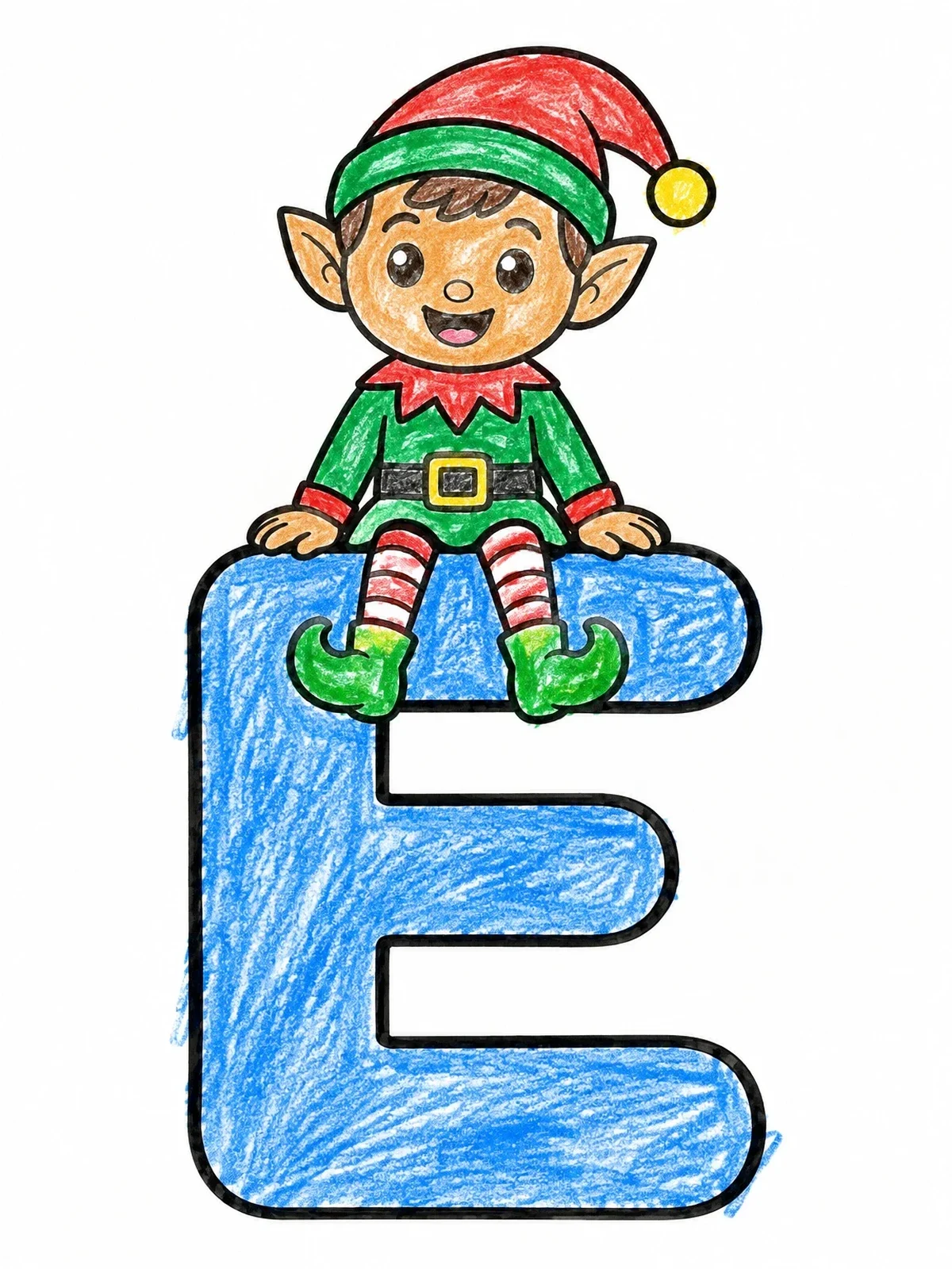 Colored example of the Cute Elf On Letter E coloring page