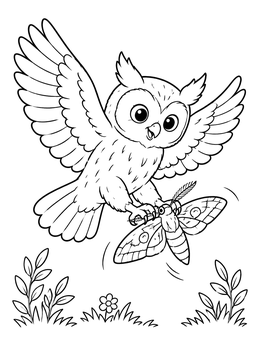 Free printable Cute Elf Owl Catching A Moth coloring page