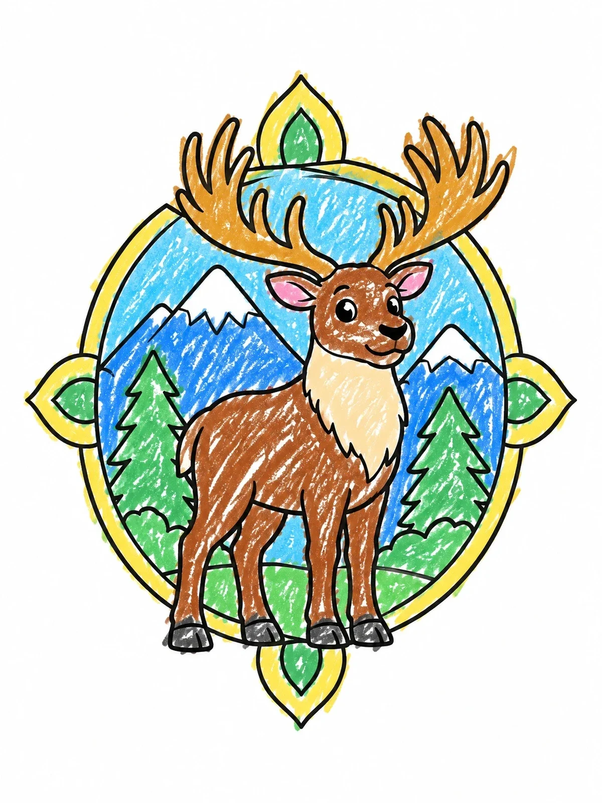 Colored example of the Cute Elk In Mountain Emblem coloring page