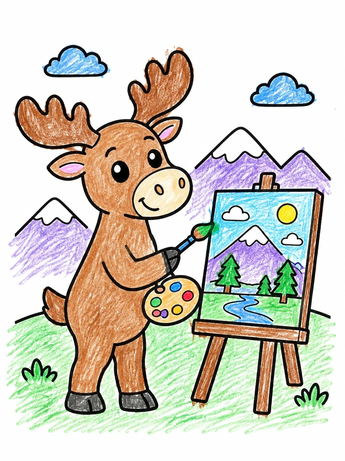 Colored example of the Cute Elk Painting A Mountain Landscape coloring page