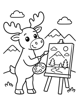 Free printable Cute Elk Painting A Mountain Landscape coloring page