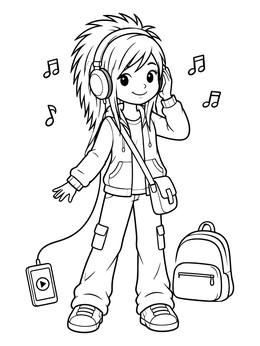 Free printable Cute Emo Girl Listening To Music coloring page