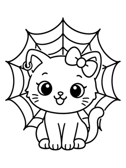 A cute cartoon kitten with an ear piercing sits by a web in this emo coloring page.
