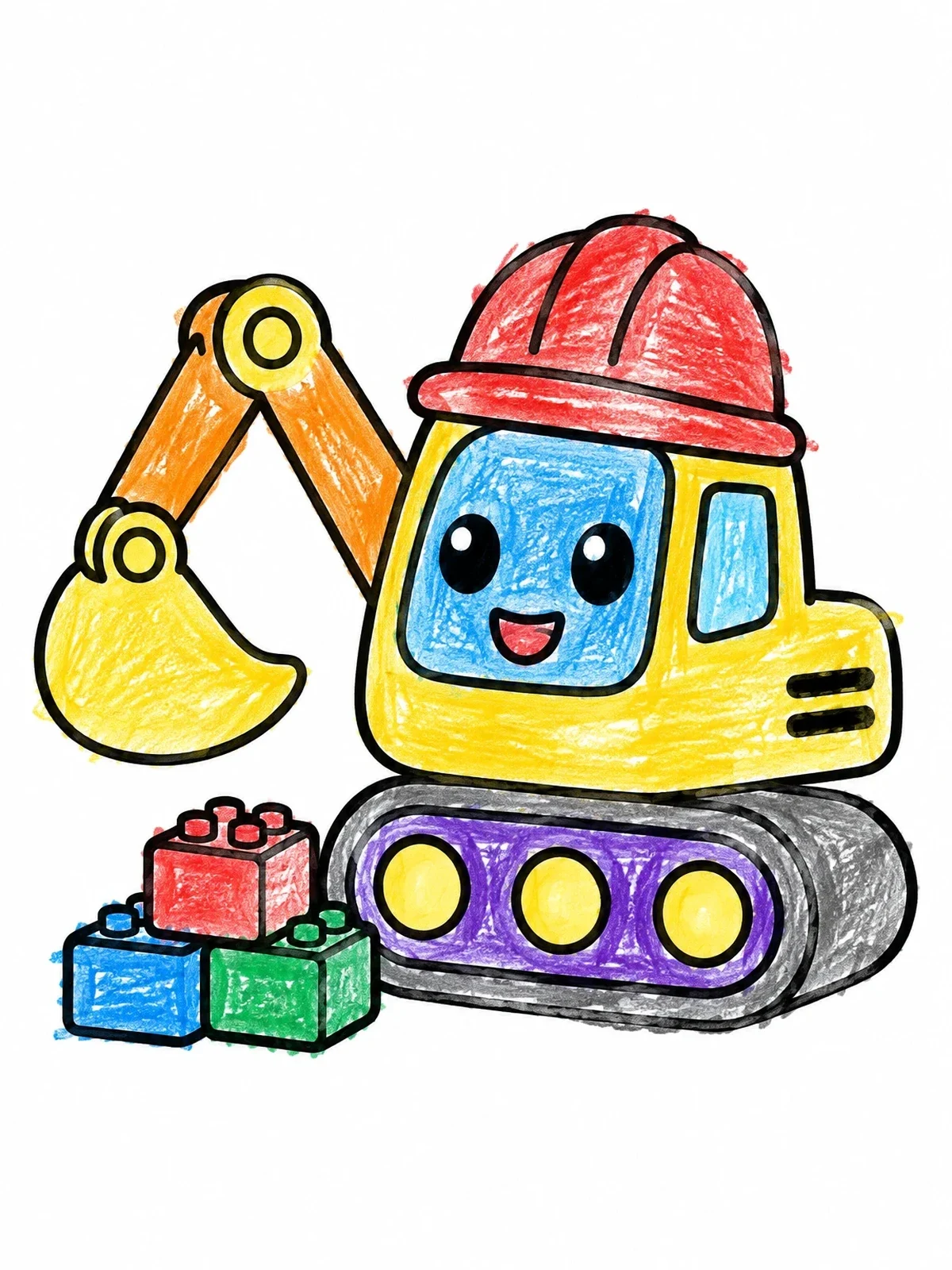 Colored example of the Cute Excavator With Hard Hat And Blocks coloring page