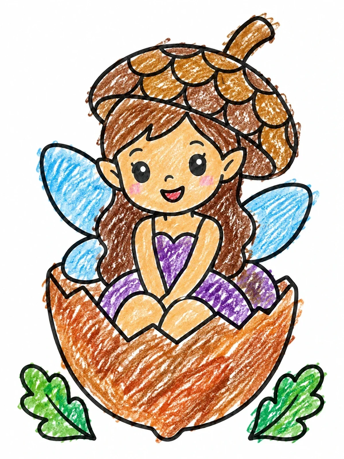 Colored example of the Cute Fairy Sitting In Acorn coloring page