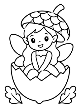 A sweet fairy coloring page showing a little sprite sitting in a cracked acorn shell.