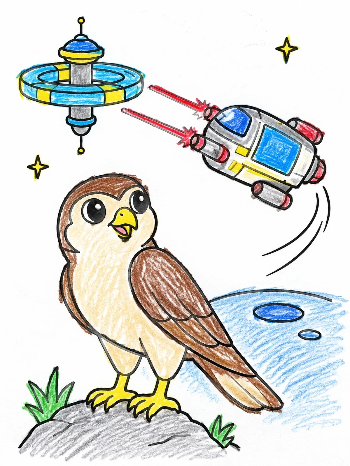 Colored example of the Cute Falcon And Space Shuttle Adventure coloring page